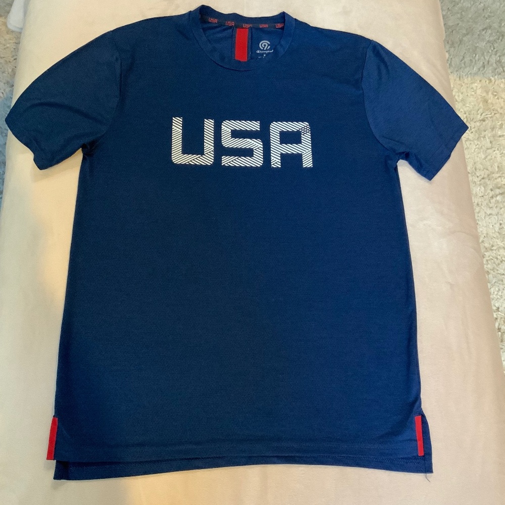 Champion Blue M USA Short Sleeve T Sporty Gym Active 4th of July Olympics